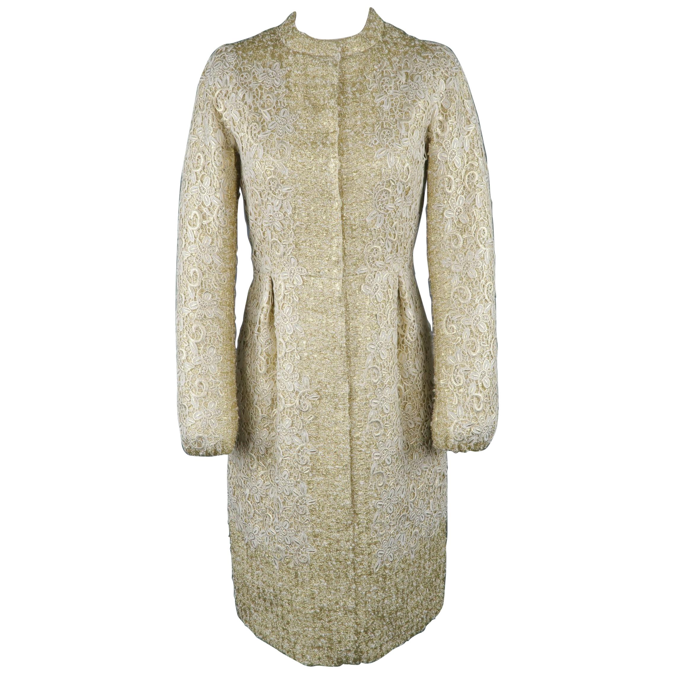 GIAMBATTISTA VALLI Metallic Gold Cotton / Silk Lace Overlay Cocktail Coat-Dress