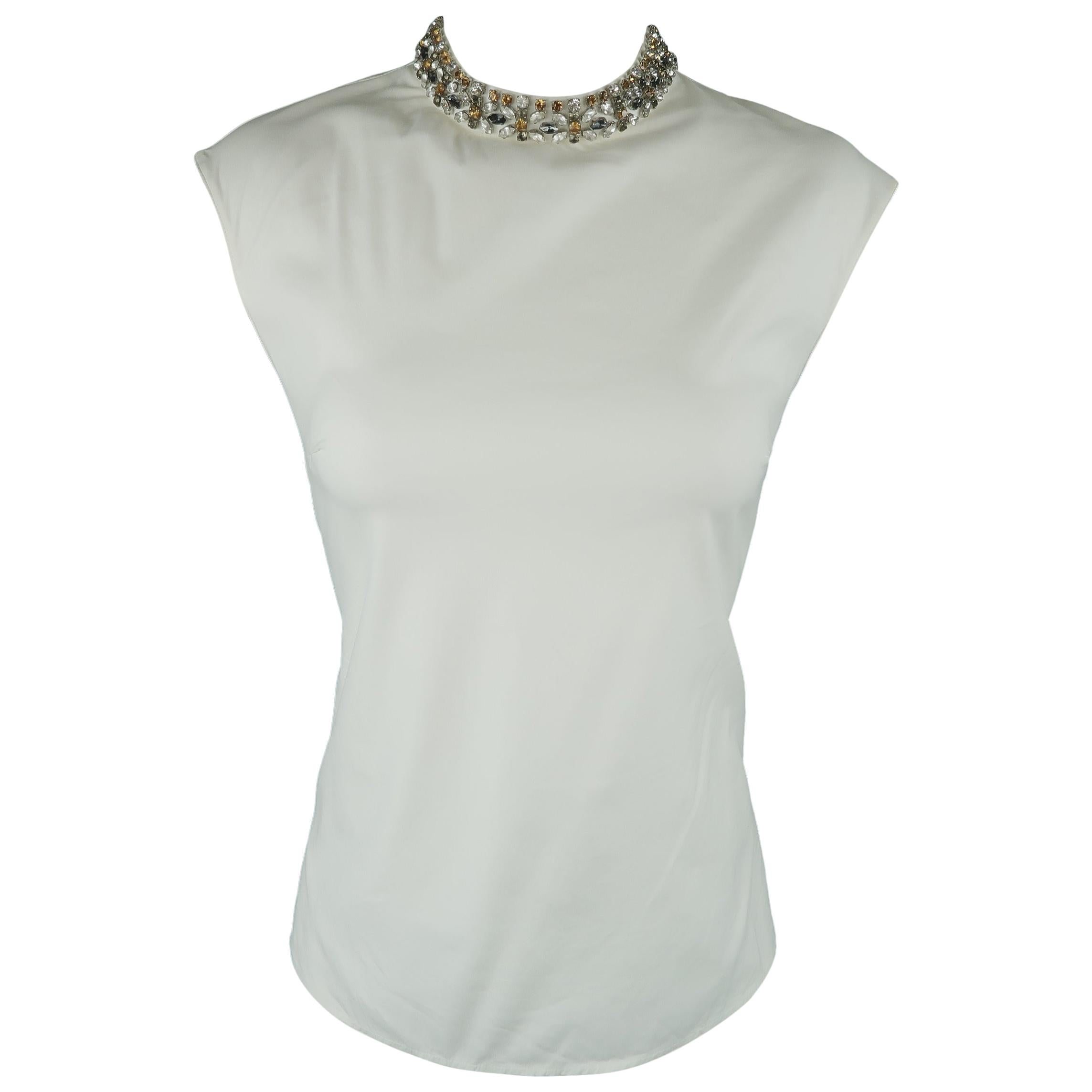 PRADA Size 4 Off White Rhinestone Collar Sleeveless Dress Top / Blouse