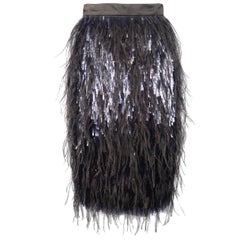 Erdem Black and Navy Sequined Silk and Ostrich Feather Pencil Skirt