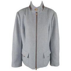 AGNONA Size 14 Light Heathered Blue Cashmere Gray Leather Piping Jacket