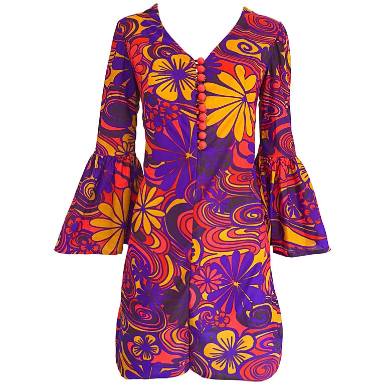 1970s Purple Orange Blue Flower Power Vintage 70s Tunic Mini Dress - 