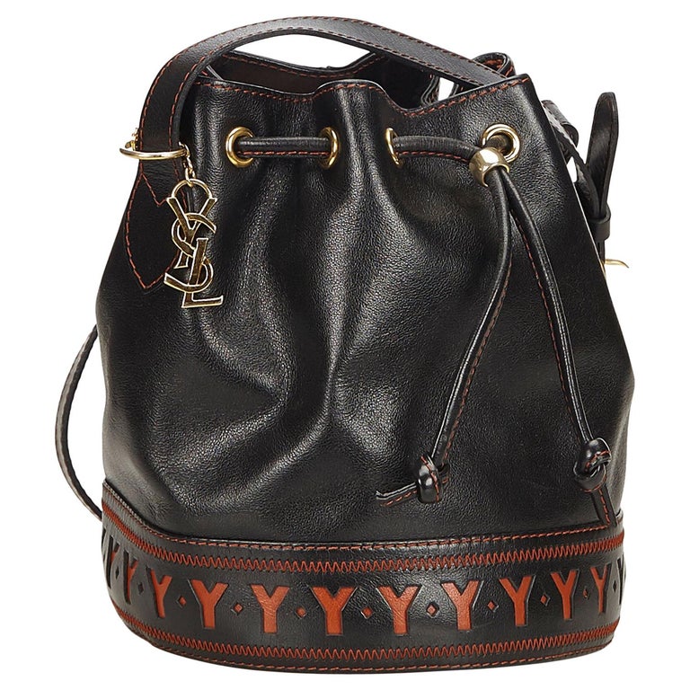 YSL Black x Brown Leather Drawstring Bucket Bag For Sale at 1stdibs