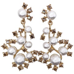 Oscar de la Renta Beautiful New Vintage Pearls + Rhinestones Chandelier Earrings