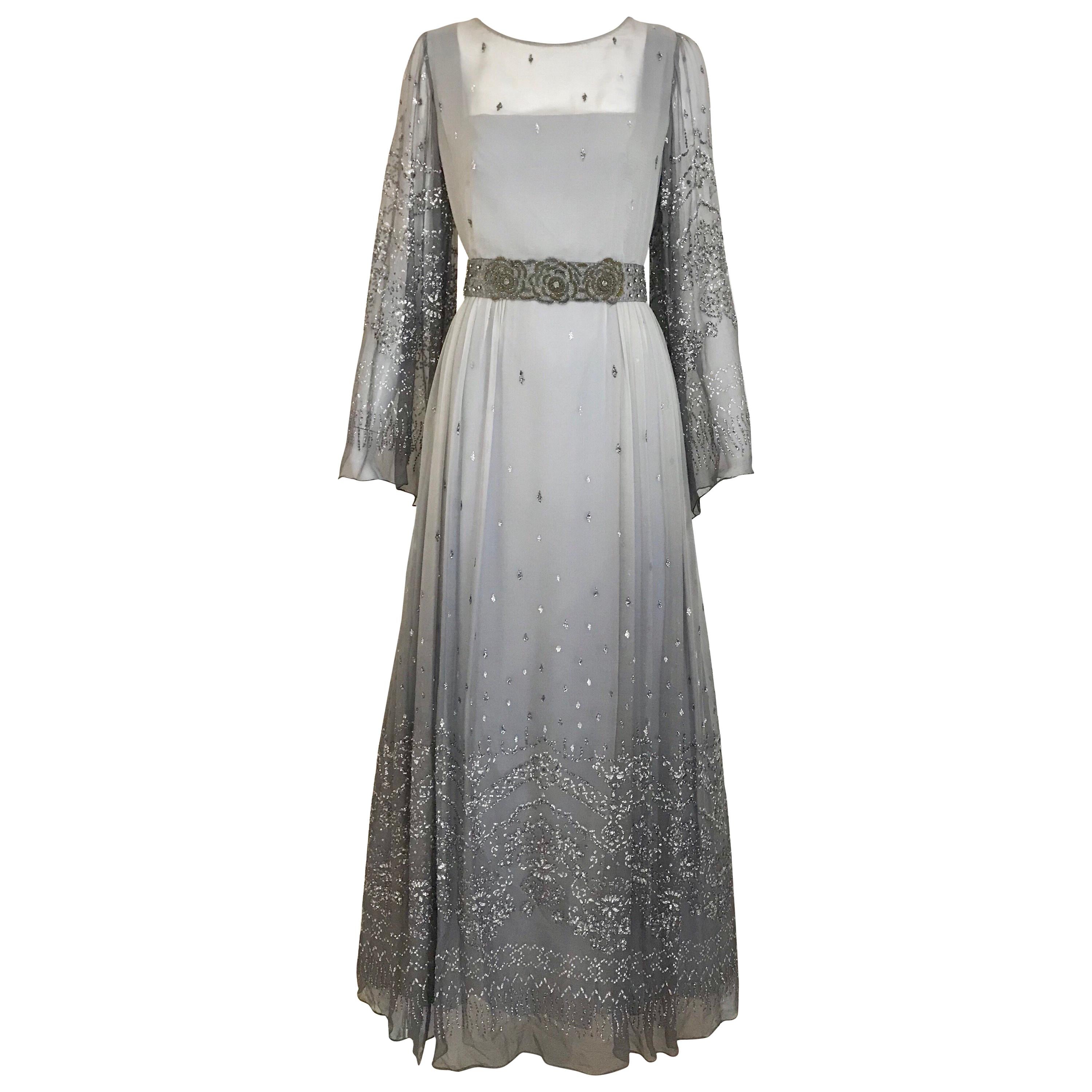 Richilene Gray Silk Chiffon Maxi Dress, 1970s 