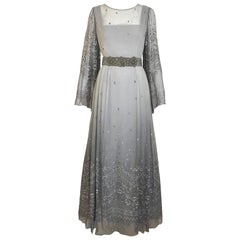 Used Richilene Gray Silk Chiffon Maxi Dress, 1970s 