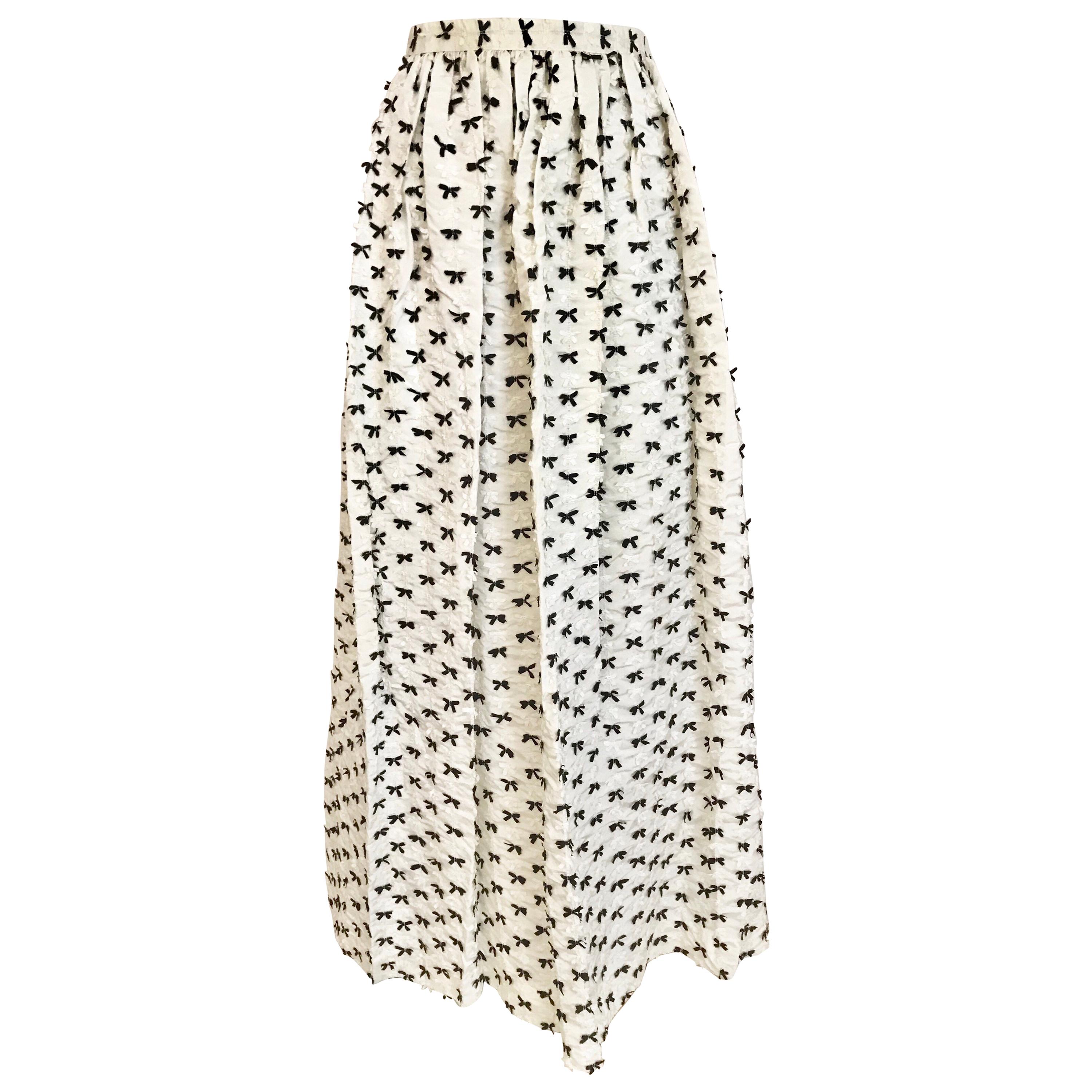 1980s Albert Capraro White Silk Maxi Skirt with Bowties Ribbon Applique