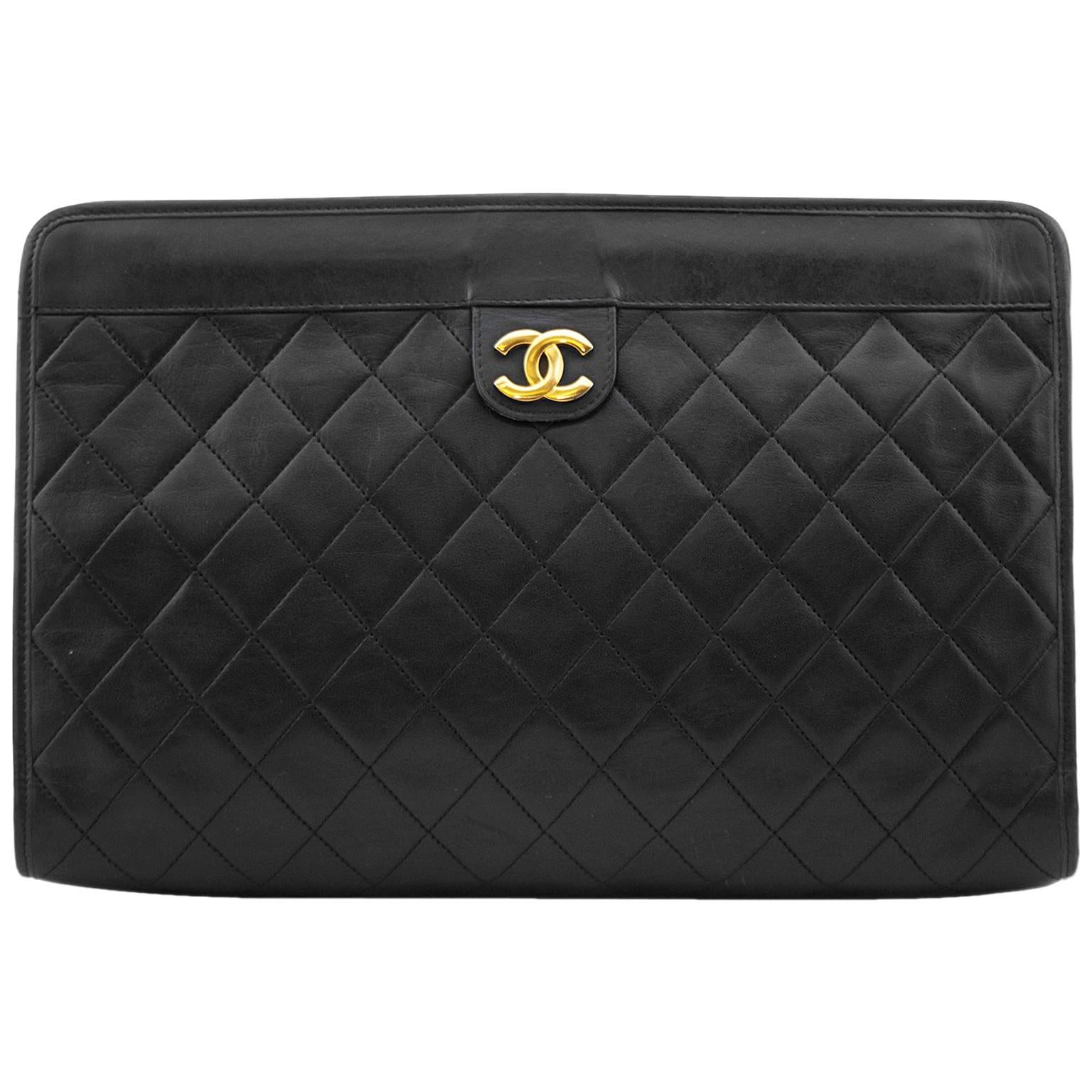 Chanel Black Quilted Lambskin Leather Portfolio Clutch Bag