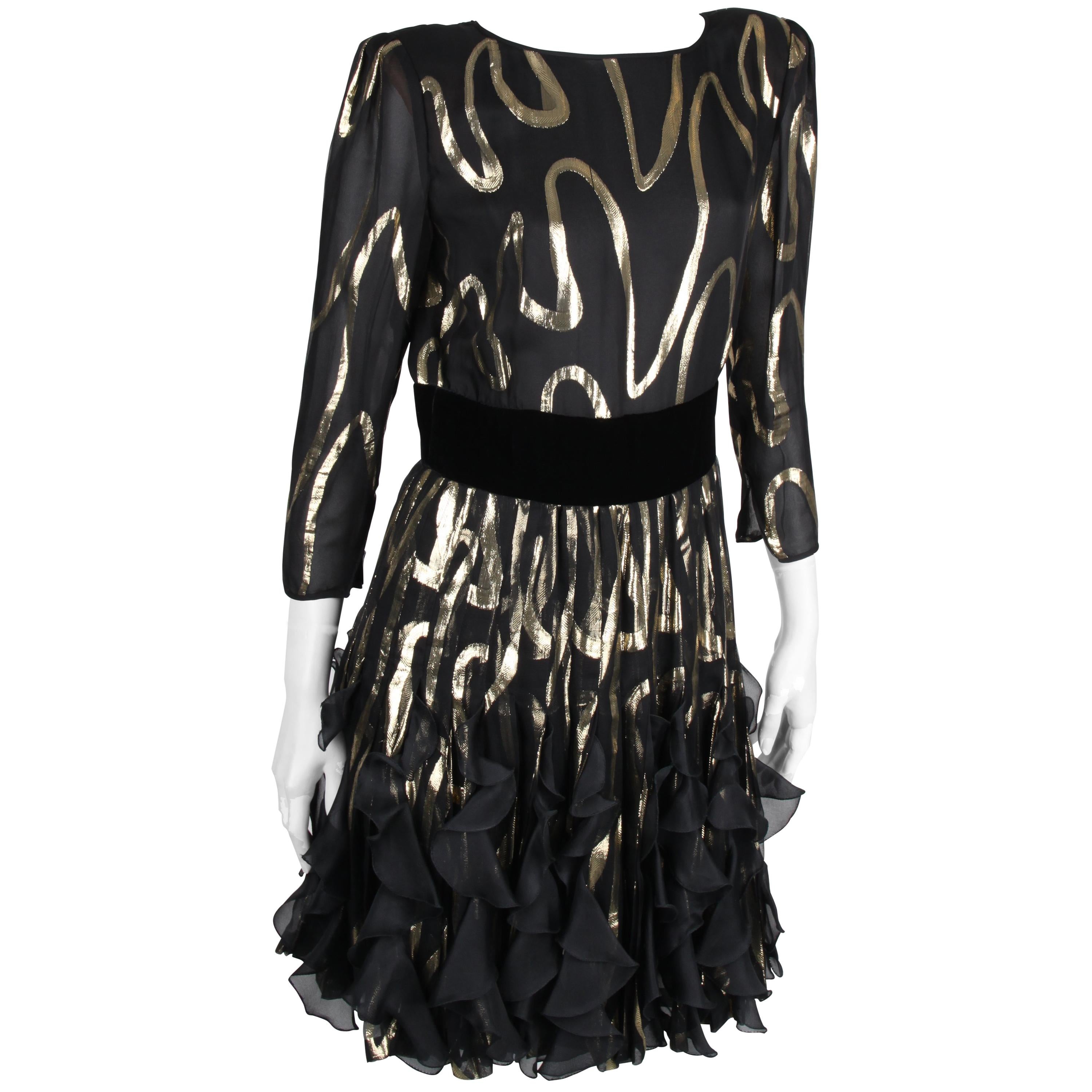 Valentino Black and Gold Vintage Silk Dress  For Sale