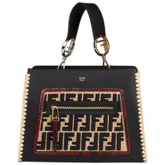 2018 Fendi Black Calfskin Leather, Embroidered Raffia & Red Python Leather Small