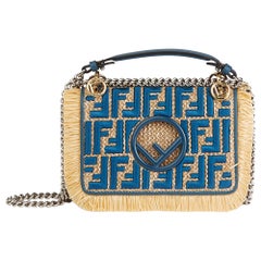 Fendi Blue Calfskin Leather & Embroidered Raffia Small Kan I F