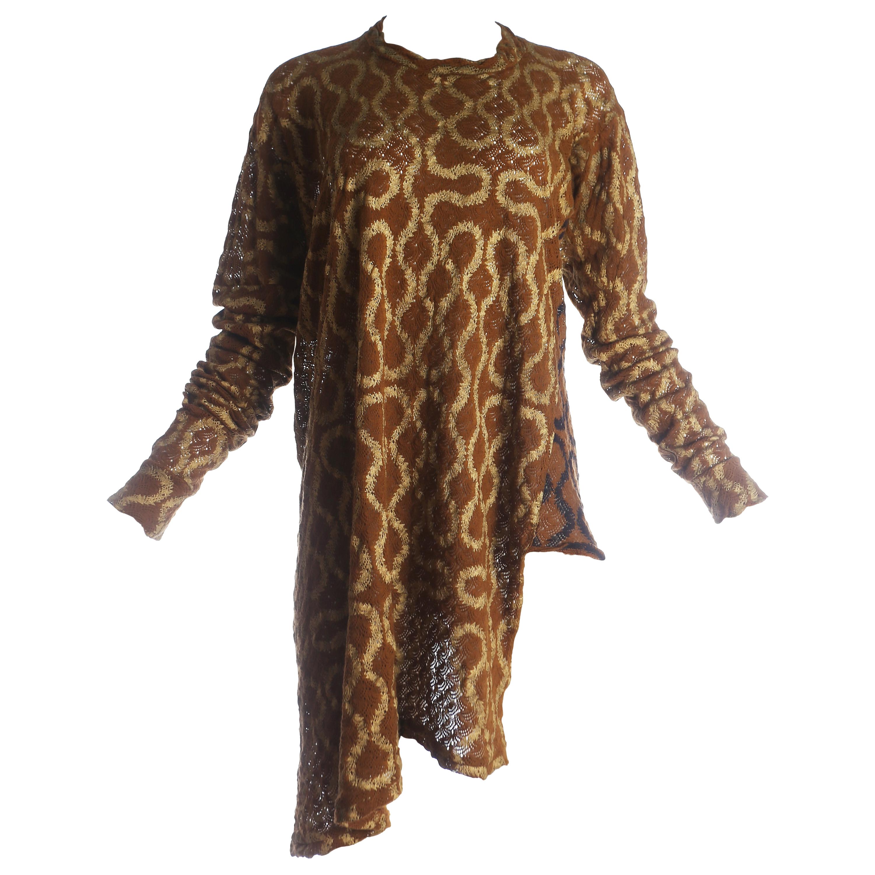 Worlds End brown crochet knit "Pirate" top with gold squiggle print, A / W 1981 For Sale