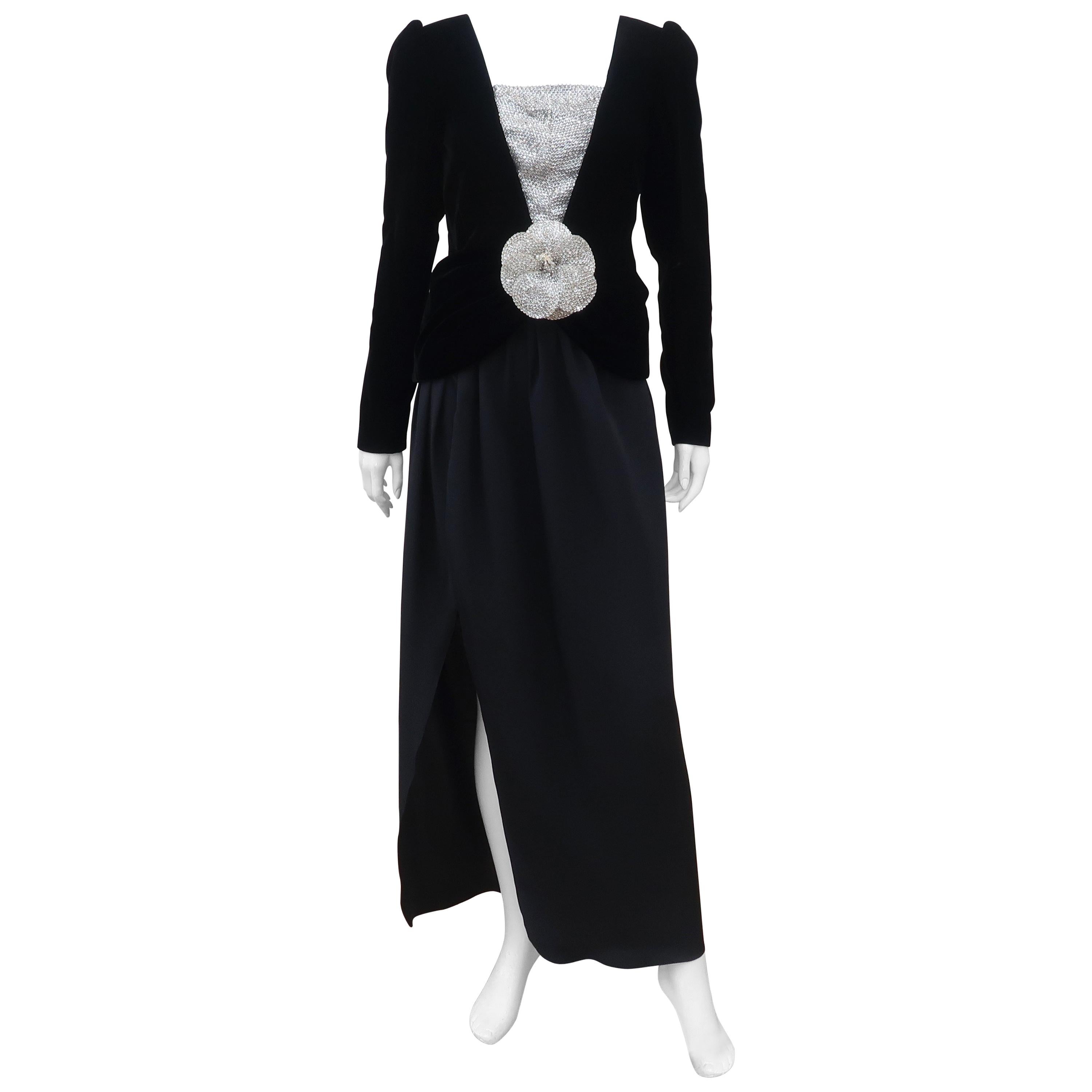 C.1990 Oscar de la Renta Black Velvet Two Piece Dress With Silver Sequins