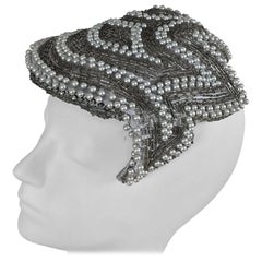 Designed by Lora silver beads and pearl cocktail hat 1950s