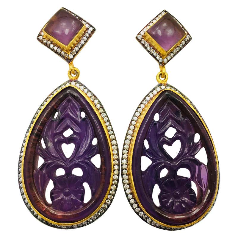 A Pair Of Antique Carved Amethyst And Diamond Earrings For Sale at 1stDibs