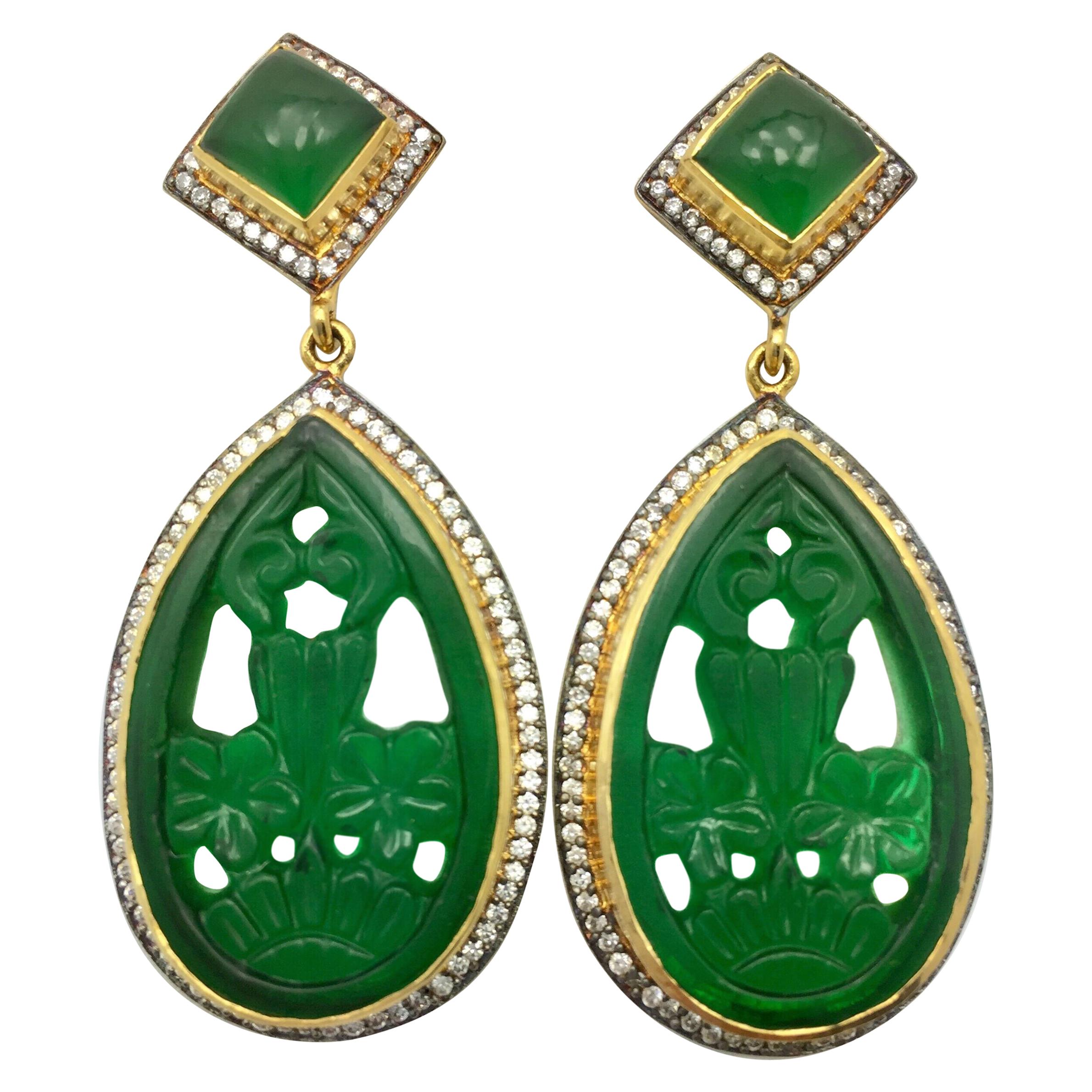 Faux Emerald Green Carved Earrings  For Sale
