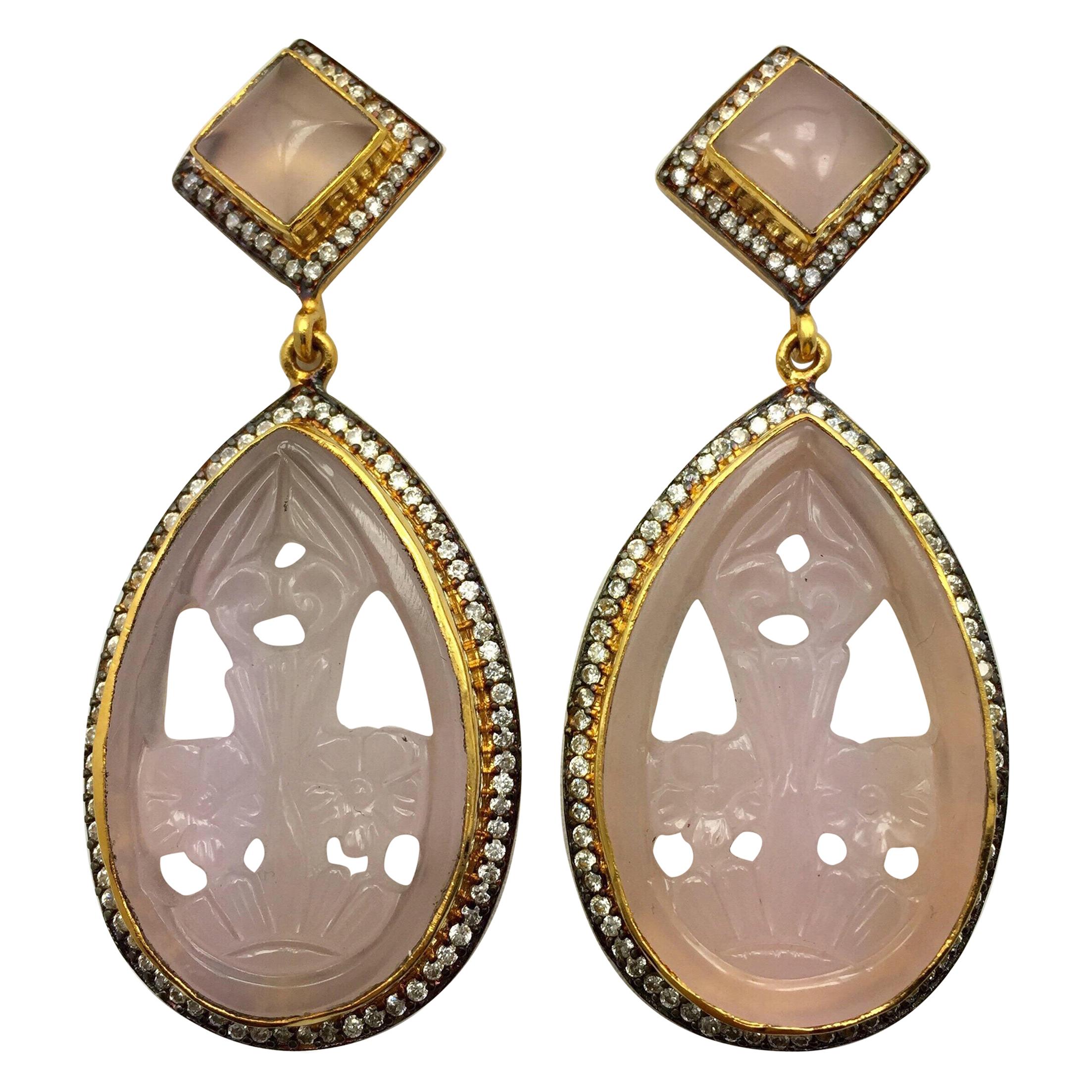 Faux Rose Quartz Carved Earrings For Sale