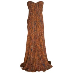 Alexander McQueen 2008 Orange and Blue Paisley Silk Strapless Gown Maxi Dress