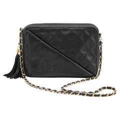 Vintage Chanel Black Quilted Lambskin Leather Diagonal Pocket Camera Bag