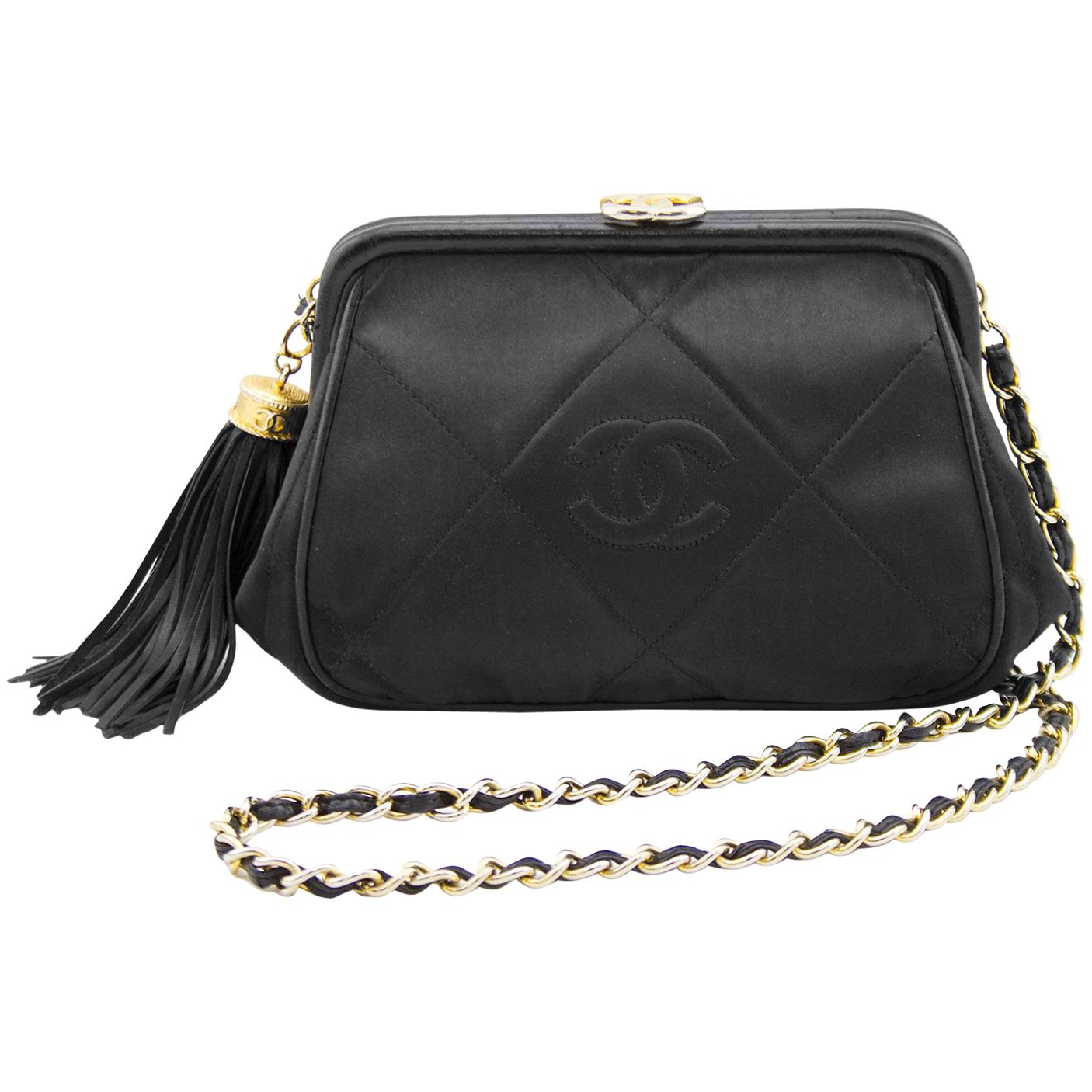 Chanel Black Leather Frame Silk Shoulder Bag