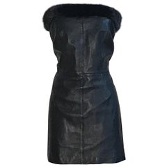 Gianni Versace 1990s Black Leather and Mink Fur Strapless Mini Dress 