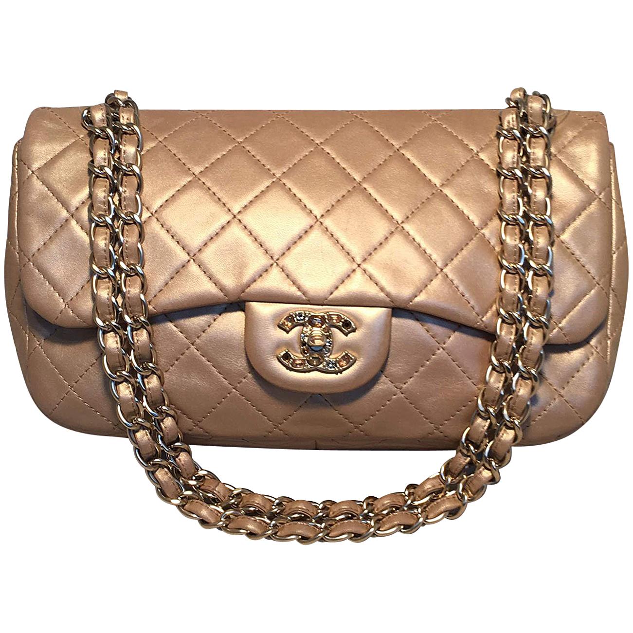 Chanel Rare Quilted Gold Leather Gemstone Closure Classic Flap Shoulder Bag
