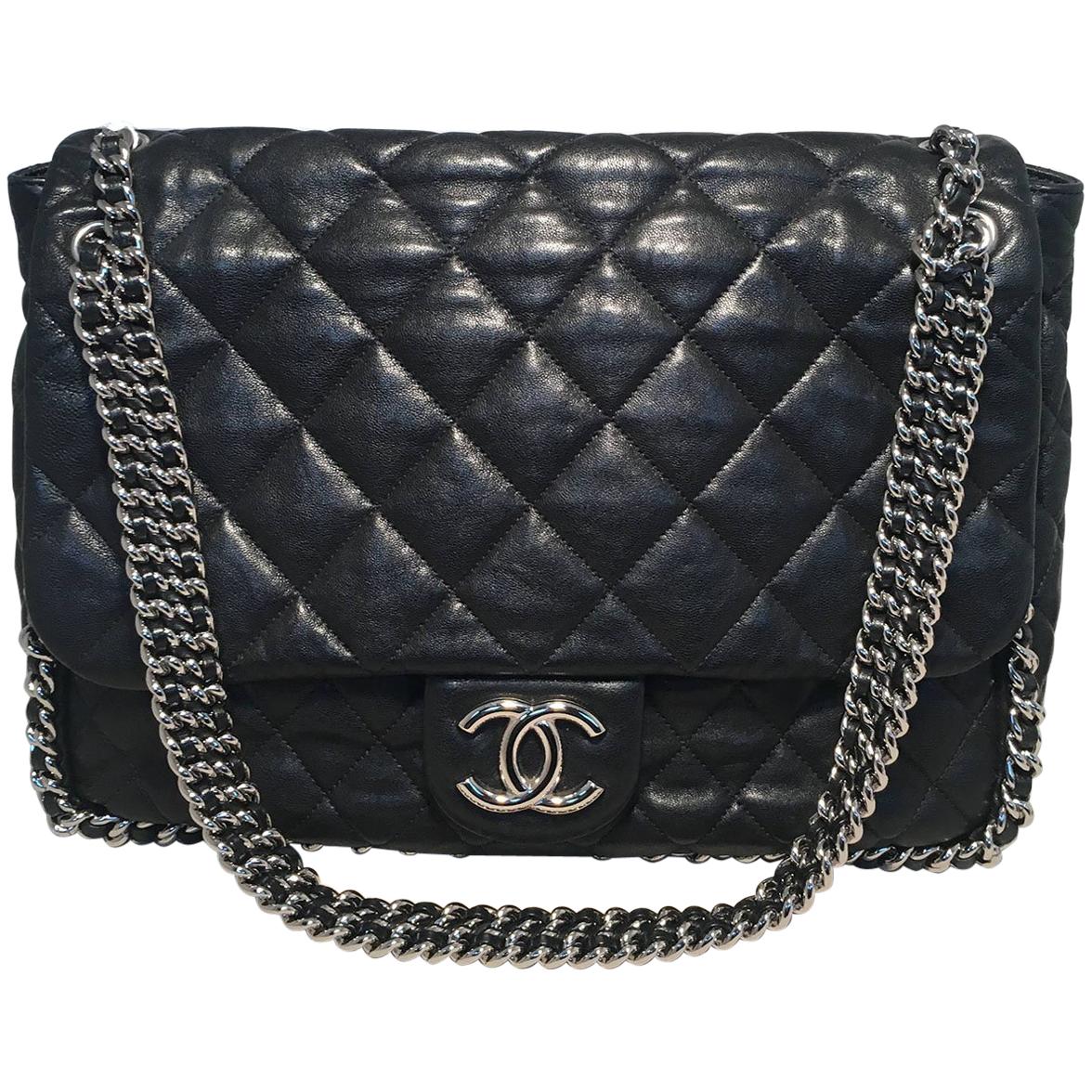 Chanel Black Quilted Leather Chain Trim Classic Maxi Flap Shoulder Bag For  Sale at 1stDibs