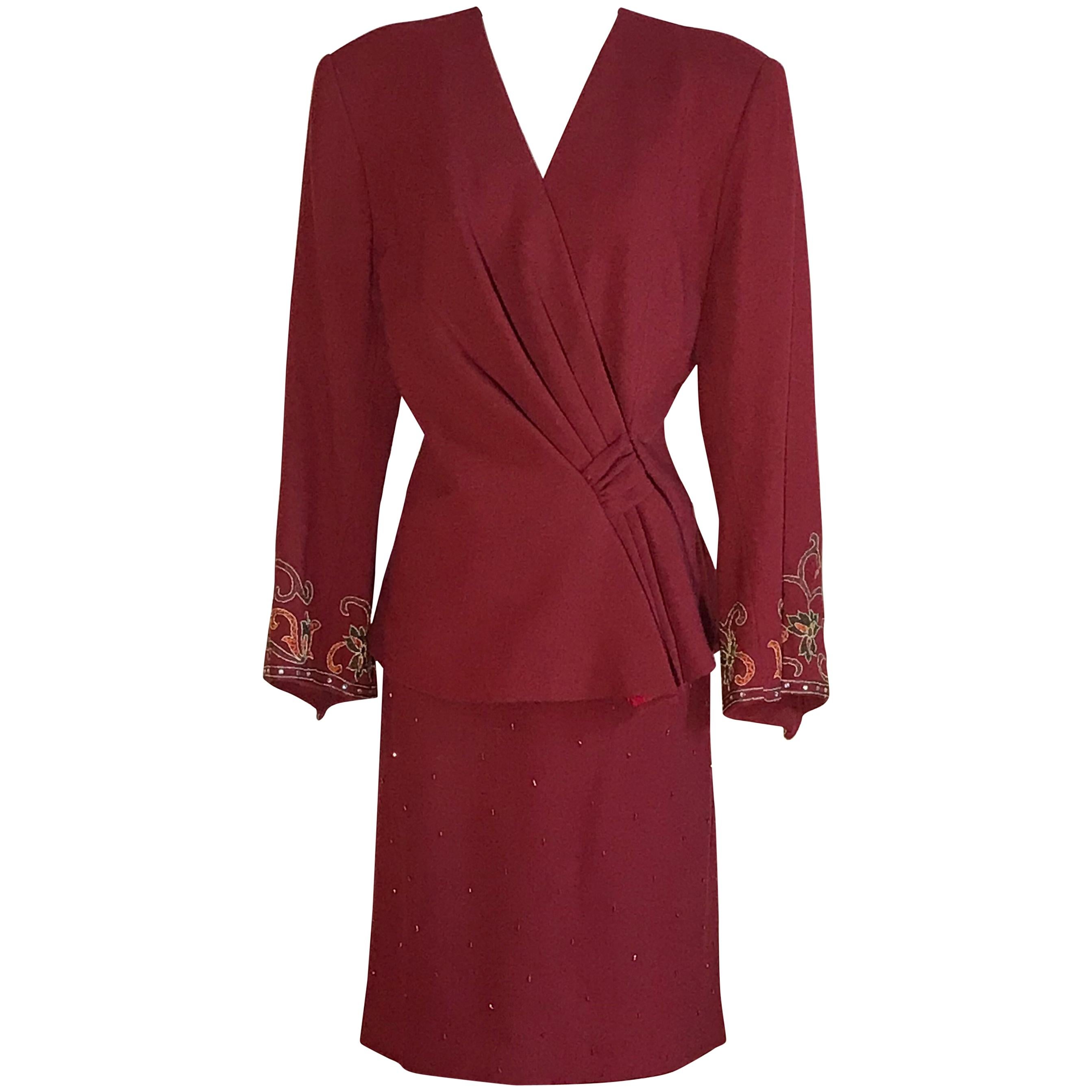 Pierre Balmain 1980s Cranberry Red Beaded Embroidered Sleeve Jacket Skirt Suit 