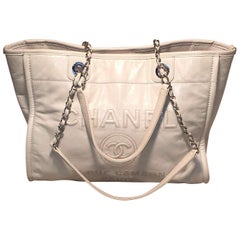 Chanel White Glazed Leather Deauville Shopping Bag Tote
