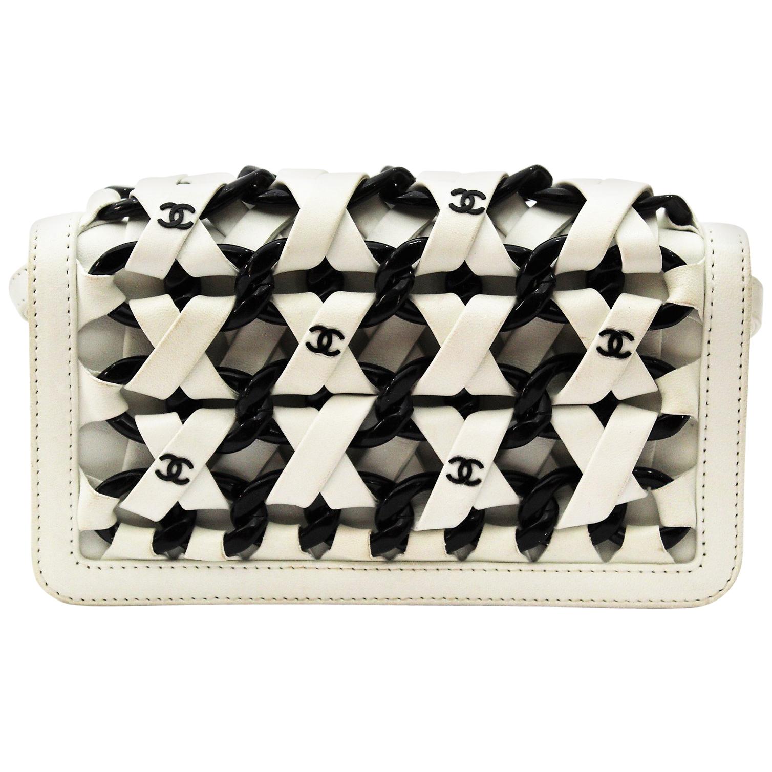 Chanel White Leather Interlaced Chain Mini Clutch Bag