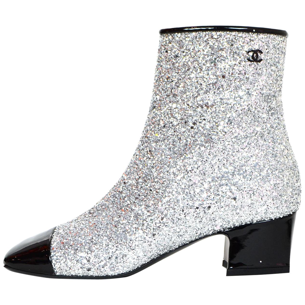 Chanel Silver Glitter and Black Patent Cap-Toe Ankle Boots For Sale at  1stDibs