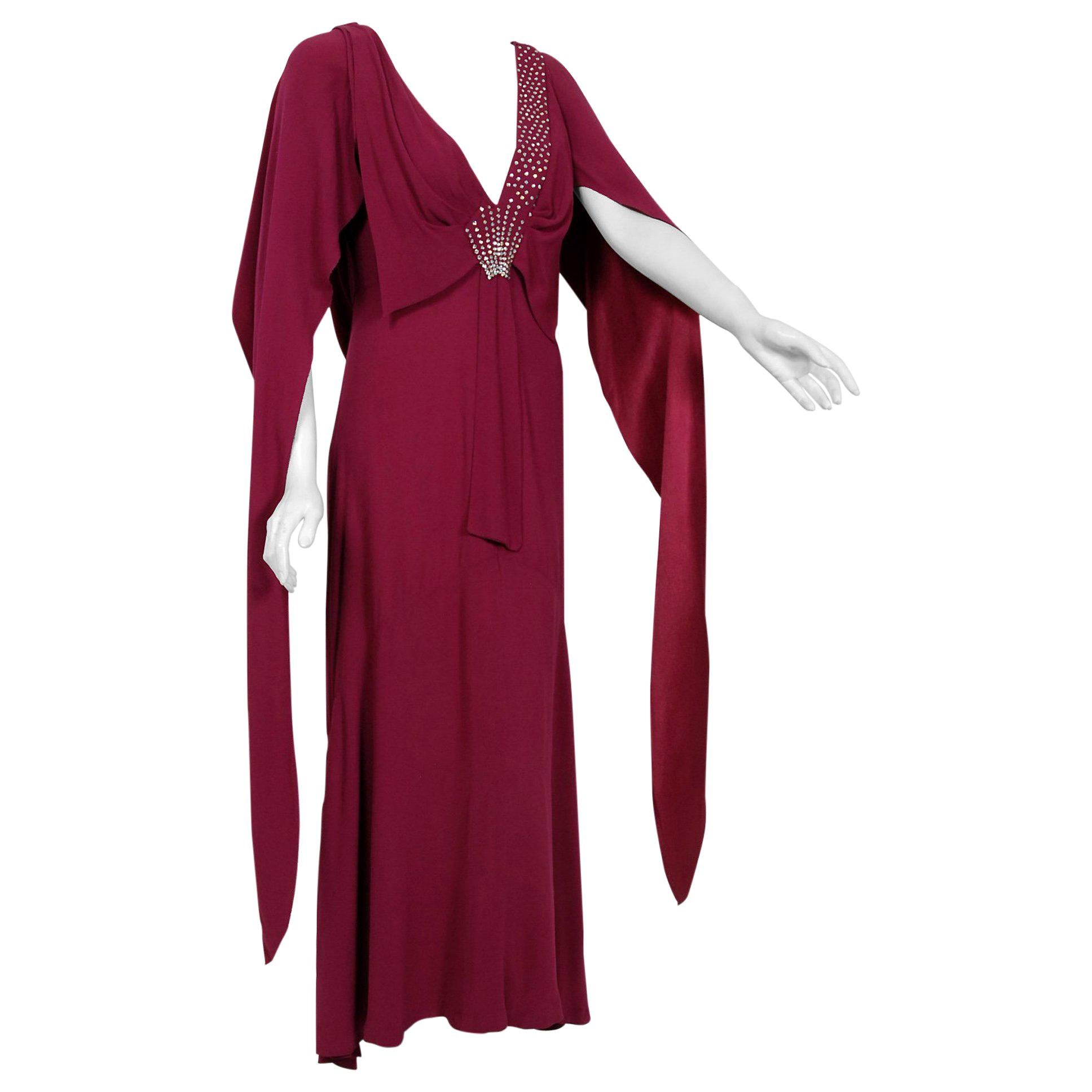 1930's Couture Rhinestone Studded Plum Crepe Winged Sleeve Bias-Cut Deco Gown