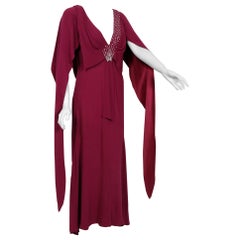 Vintage 1930's Couture Rhinestone Studded Plum Crepe Winged Sleeve Bias-Cut Deco Gown