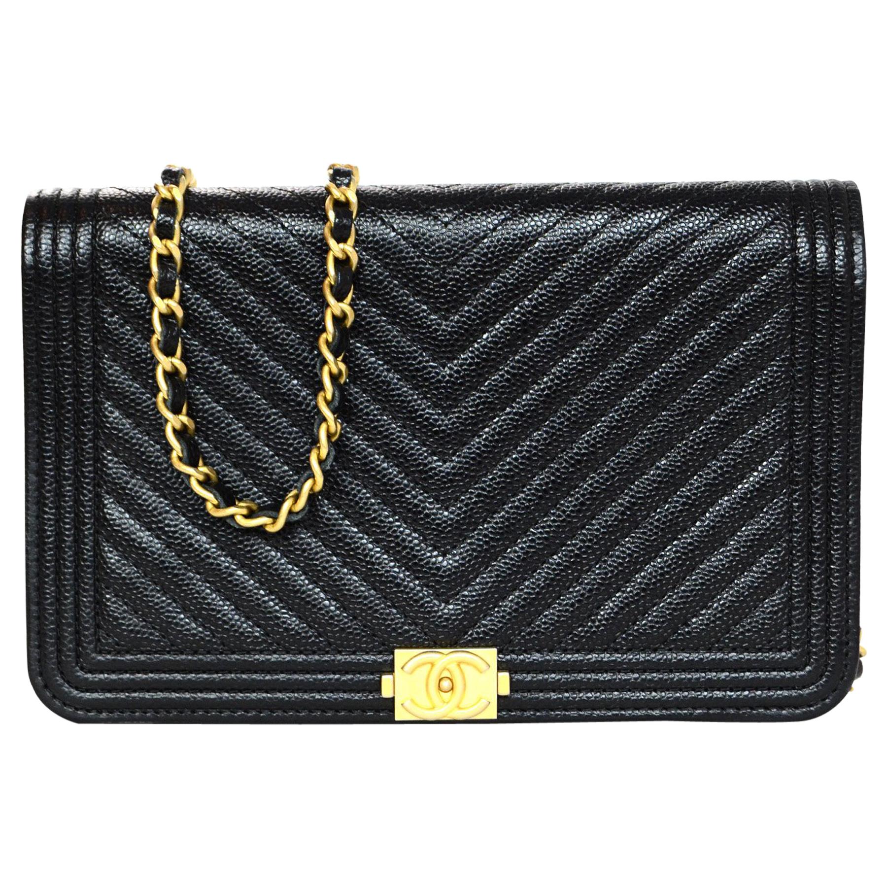 Chanel 2018 Black Caviar Leather Boy WOC Wallet on a Chain Crossbody Bag