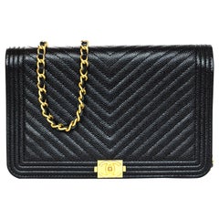 Chanel 2018 Black Caviar Leather Boy WOC Wallet on a Chain Crossbody Bag