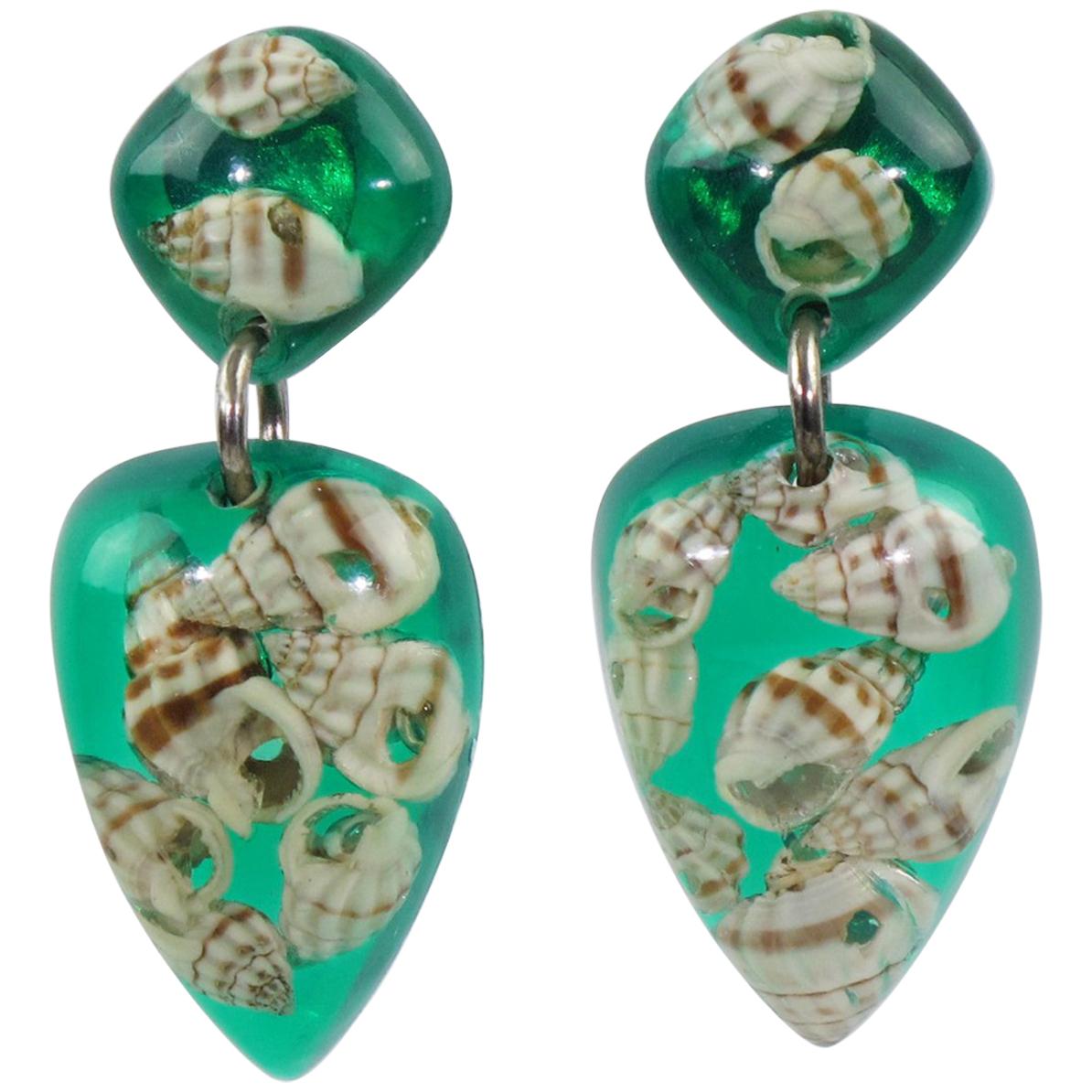 French Oversized Green Lucite Clip on Earrings with SeaShell Inclusions