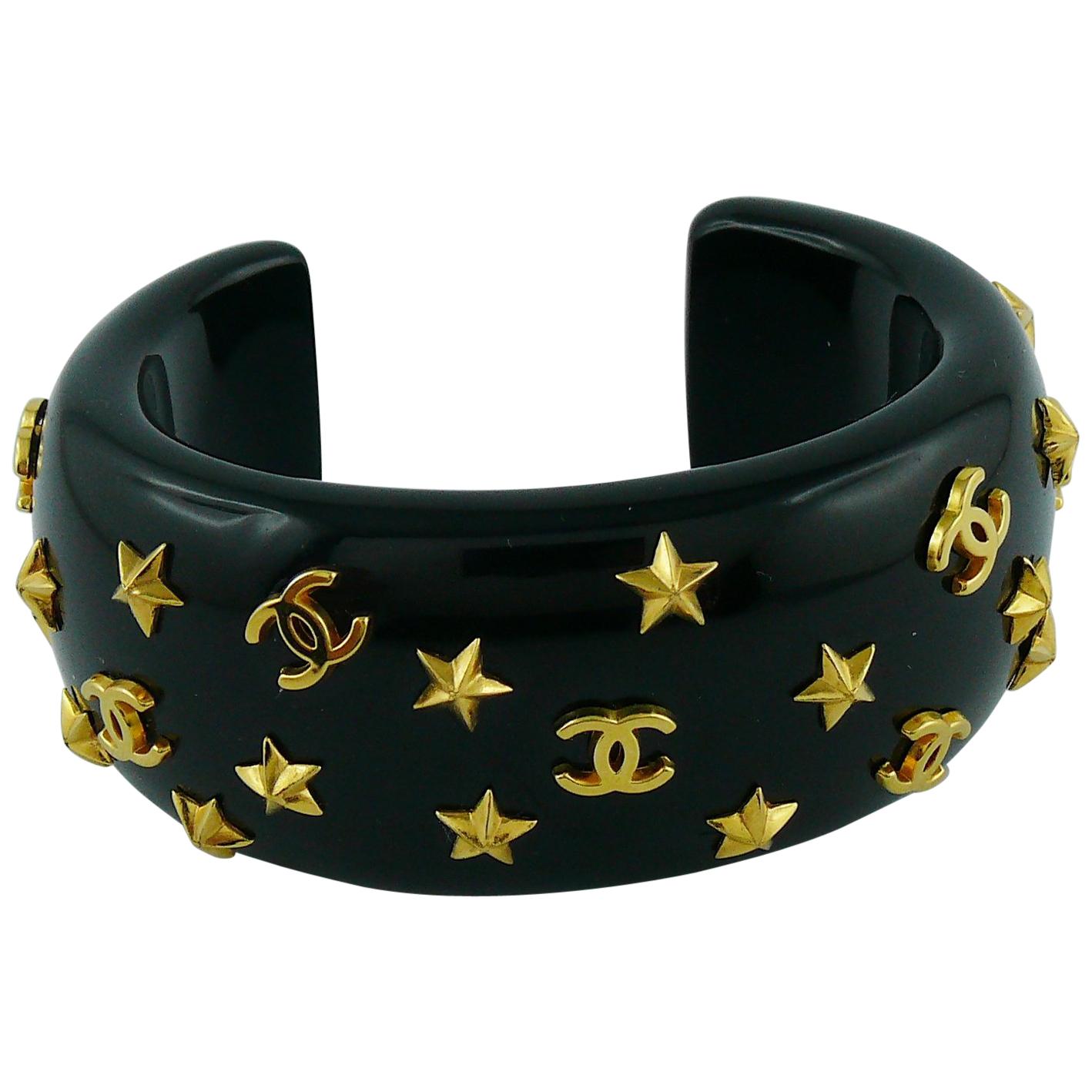 Chanel Vintage 1995 Iconic Star CC Black Resin Cuff Bracelet