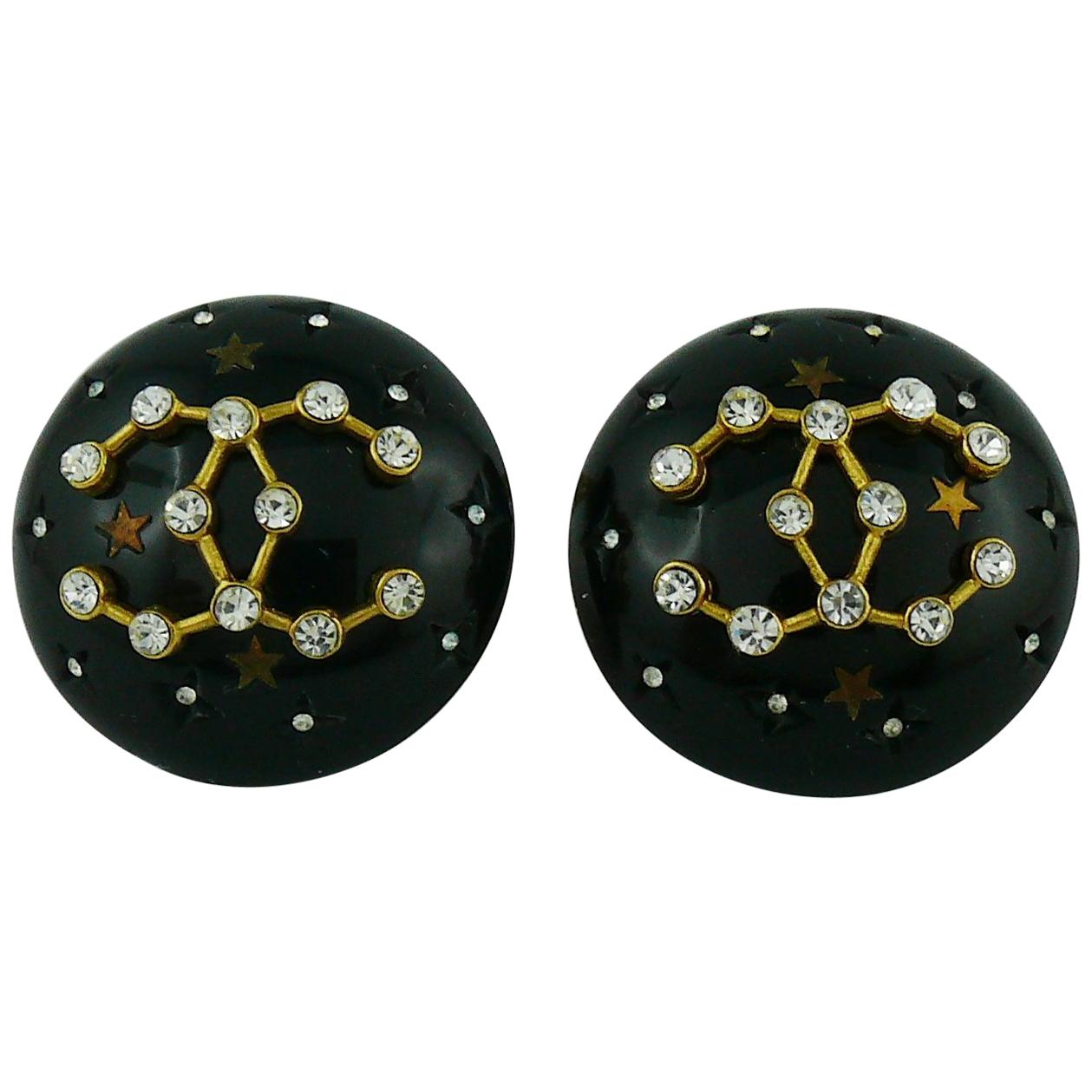 Chanel Vintage 1995 CC Constellation Black Resin Clip On Earrings