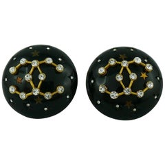 Chanel Vintage 1995 CC Constellation Black Resin Clip On Earrings
