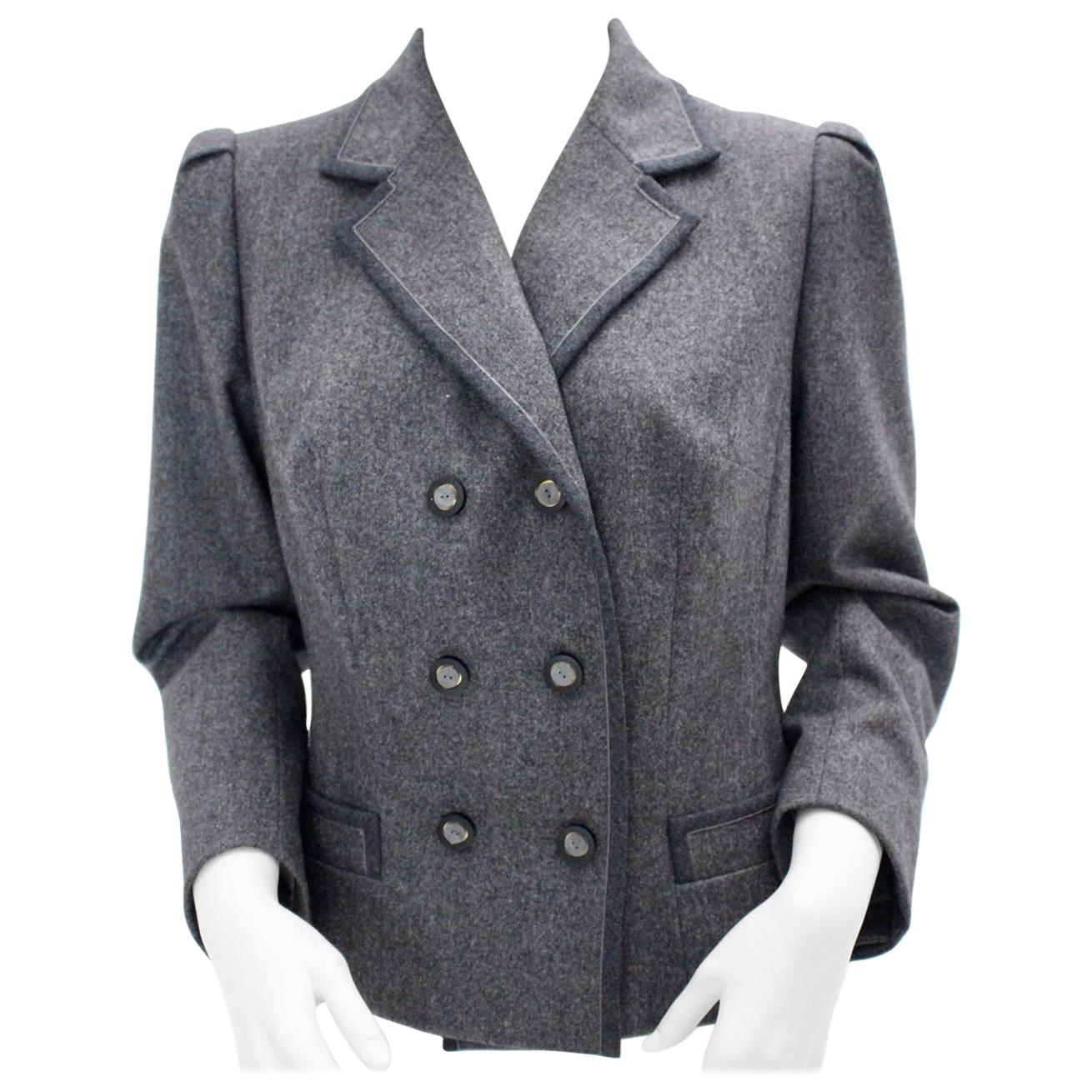 Vintage Grey Flannel Wool Double Breasted Jacket 1980s For Sale