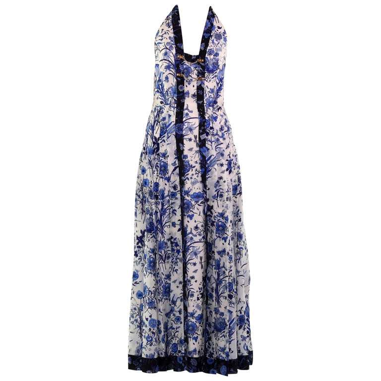 Gucci White and Blue Floral Print Silk Dress