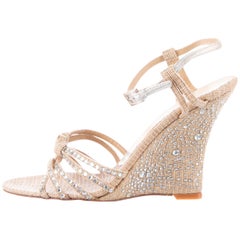 VALENTINO NUDE STRAW CRYSTAL EMBELLISHED WEDGE SANDALS Size 36.5