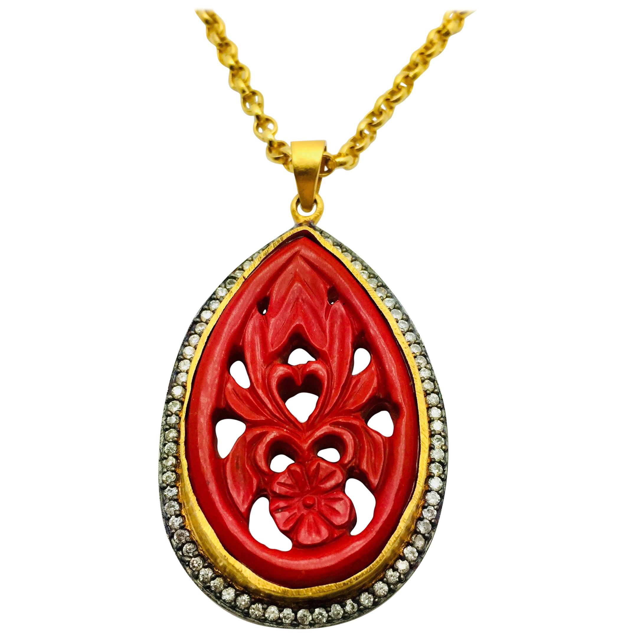 Hand Carved Red Resin Necklace 