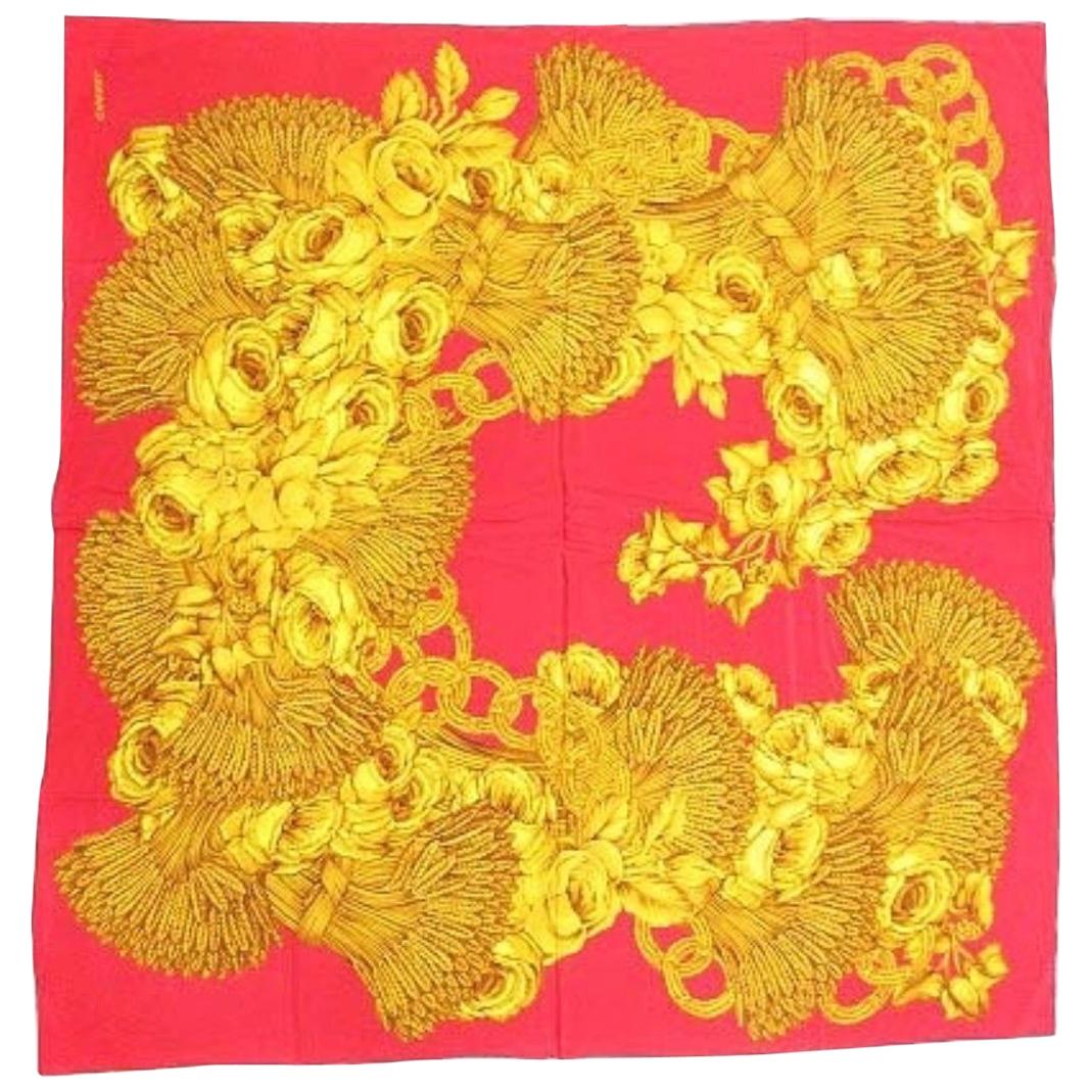 Vintage CHANEL red and gold color CC marks, rose, wheat, and chain pattern scarf For Sale