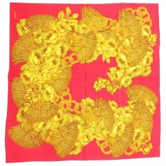 Retro CHANEL red and gold color CC marks, rose, wheat, and chain pattern scarf