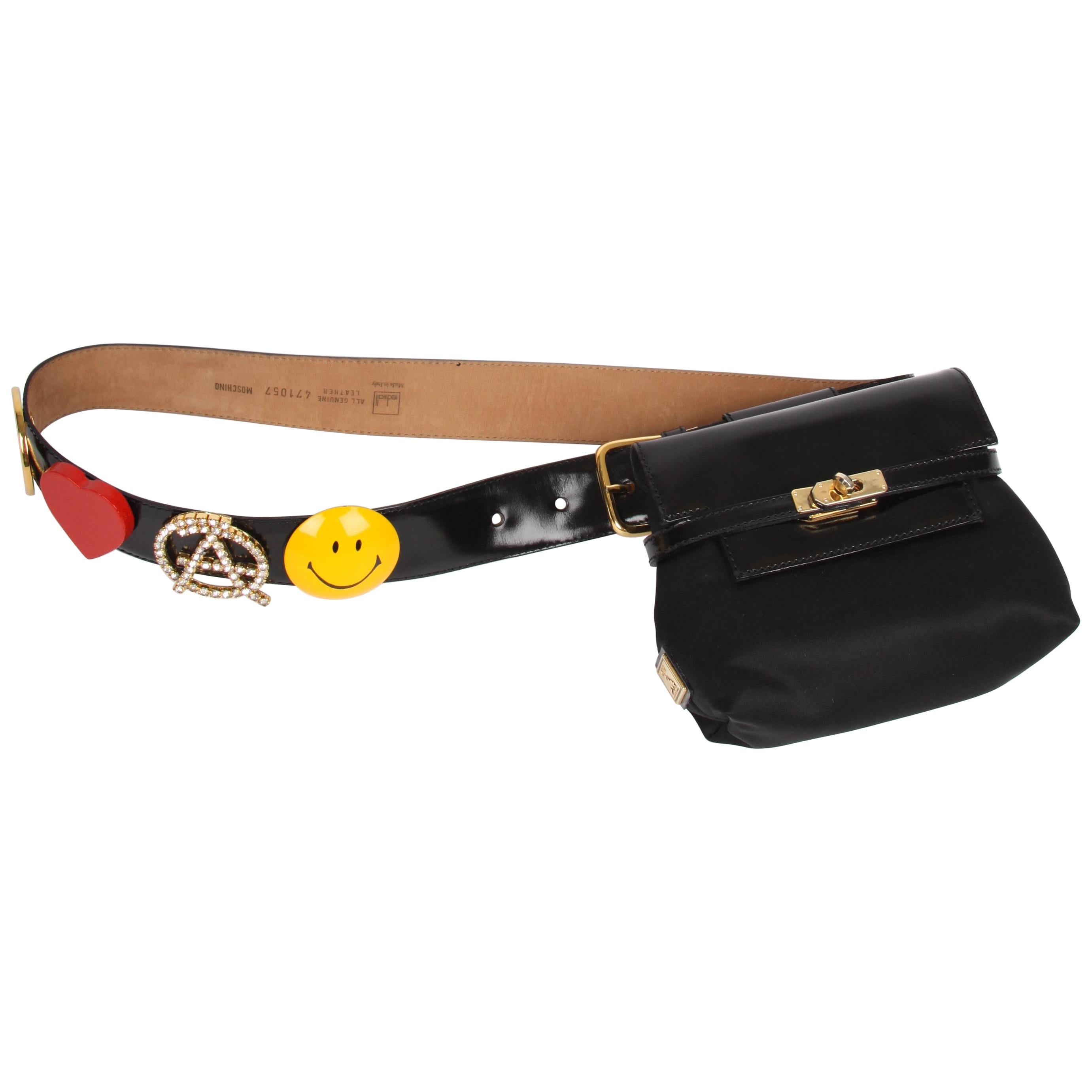 Moschino Vintage black Mini Belt Bag with Peace / Love Belt For Sale