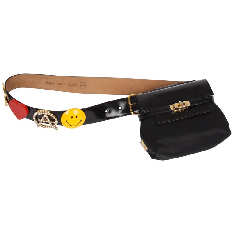 Moschino Vintage black Mini Belt Bag with Peace / Love Belt For Sale at