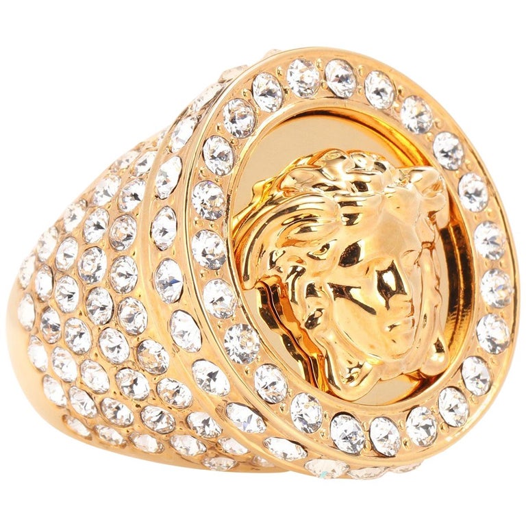 Versace All Over Crystal Gold Medusa Sale at 1stDibs | gold ring, gold style medusa crystal ring gold black black mixed, versace diamond ring