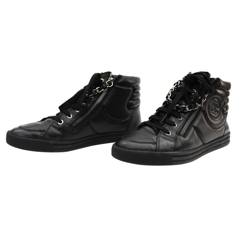 CHANEL Black Leather Sneakers Chain at 1stDibs | chanel chain sneakers