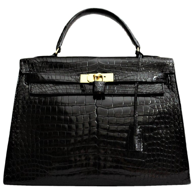 Hermès Black Crocodile Leather Kelly 32cm Bag For Sale at 1stDibs