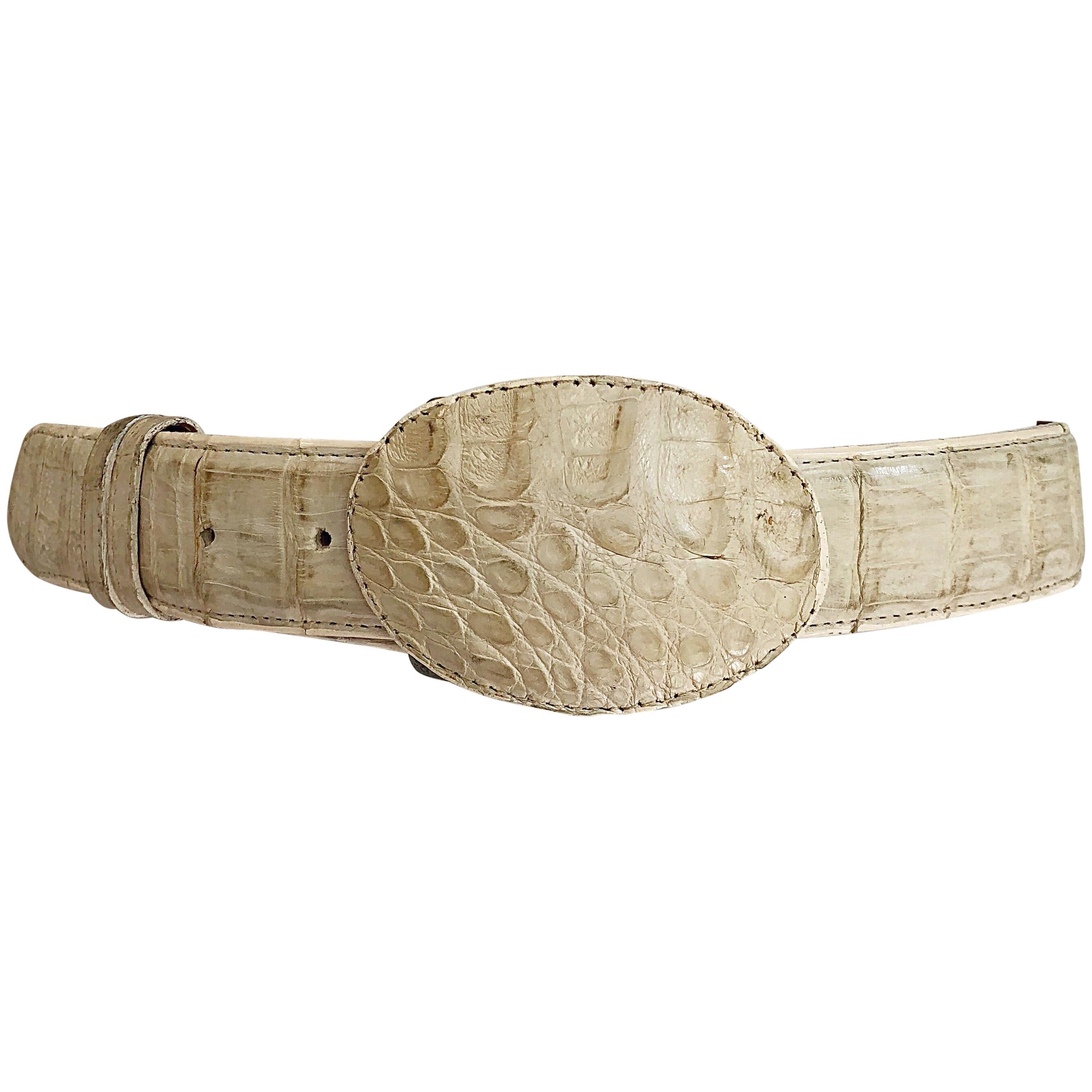 1970s Unisex Genuine Alligator Crocodile Skin Ivory Vintage 70s Western Belt